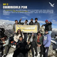 This is the feeling of conquering a summit together. Our group at the Chandrashila peak on the Chopta Tungnath trek, taking in stunning views of the Kedarnath and Trishul peaks after a rewarding hike through scenic meadows.