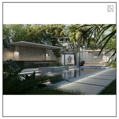 A dream outdoor entertainment area. This design features a swimming pool with an adjacent covered bar and a private cabana, all surrounded by tropical landscaping to create a private resort-like feel.