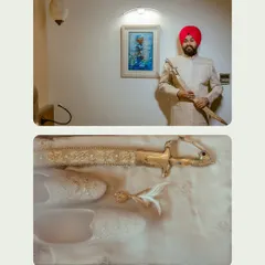 A diptych focusing on the groom's details: his elegant sherwani, his kirpan, and his traditional shoes (juttis).