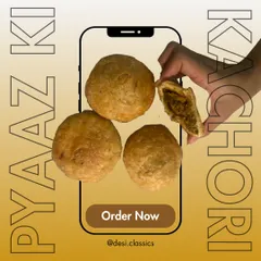 A close-up of our famous Pyaaz Ki Kachori, a golden, crispy pastry filled with a savoury onion mixture. It's a classic Rajasthani snack that you can now order directly from us.