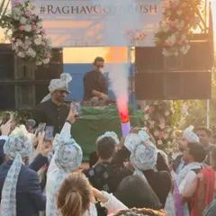 My 'DJ on Wheels' setup is how we turn a traditional baraat into a full-blown moving party. Here, you can see the groom's procession transformed into an unforgettable celebration right on the street, complete with CO2 jets and non-stop music.