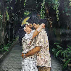 Capturing pure romance in a custom oil painting. For this piece, I worked to create a soft, intimate atmosphere, focusing on the couple's embrace against a lush, dreamy background. This is a perfect example of how I turn a precious moment into a timeless anniversary or wedding gift.
