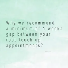 A question we get asked a lot. We recommend a minimum of 4 weeks between root touch-up appointments to give your scalp enough time to recover and maintain its health in the long run.