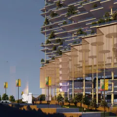 The ground level of our "Villas in the Sky" project is designed as a vibrant public interface. A transparent, gold-hued mesh screen wraps the lower floors, which house retail and community amenities, creating an active and welcoming street presence.