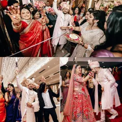 A collage of candid moments from the wedding, showing the couple's joyful entry and the groom kissing the bride's hand.