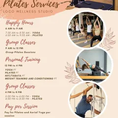 Check out our full schedule of wellness and Pilates services. We offer happy hour rates, group classes for Yoga and Pilates, and personal training sessions throughout the day.