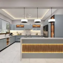 A 3D render of a spacious open kitchen with a large island that doubles as a breakfast bar. The fluted wood paneling on the island adds texture and warmth to the modern design.