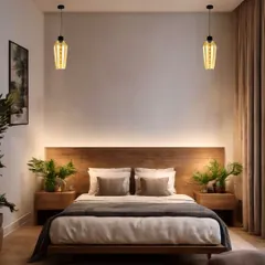 Symmetrical pendant lights with a woven texture hang on either side of the bed, offering a modern alternative to traditional bedside lamps. This design choice creates a clean, sophisticated, and balanced look.