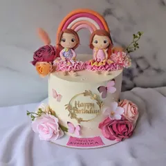 A beautiful cake for the first birthday of twin girls. I created custom figurines to match the special dresses they wore on their birthday, making it a truly personal keepsake.