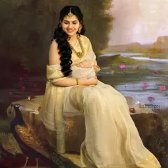 A truly unique maternity portrait inspired by the classic paintings of Raja Ravi Varma. The mother-to-be is styled in a traditional off-white saree with gold jewelry, seated gracefully by a painted lakeside scene with a peacock, creating a timeless and artistic masterpiece.