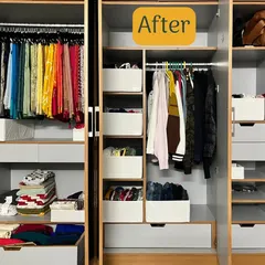 After implementing a new system, the same wardrobe is now a model of organization. With dedicated sections for sarees, hanging clothes, and folded items in bins, everything is visible and accessible.
