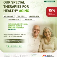 We offer special therapies like Abhyangam, Shirodhara, and Kizhi designed for healthy aging. This image represents our commitment to honoring age with care and comfort, providing treatments that relieve pain and rejuvenate the body and spirit for our senior citizens.