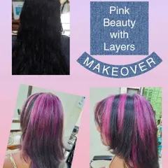 For clients who want to stand out, we love creating bold fashion color looks. This makeover features vibrant pink highlights woven into a dark base, complemented by a fresh layered cut for a truly head-turning style.