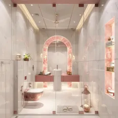 Doesn't this feel zen? This bathroom design for a client in Agra uses pink onyx in arched forms to create a soft and serene focal point. The clean white marble and minimalist fixtures contribute to a feeling of calm and purity.