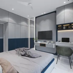 An alternate view of the Malad East bedroom render, focusing on the sleek, handleless wardrobes with integrated vertical lighting. This visualization helps confirm the final look and feel of the custom furniture.