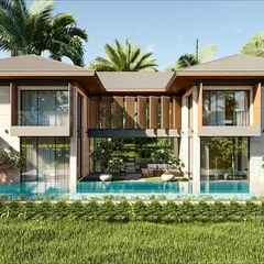 A view of a 5000 sq ft villa in Verla, Goa, with views of the surrounding paddy fields. The architecture blends traditional Goan functional elements with modern contemporary textures and colors for a luxurious retreat.