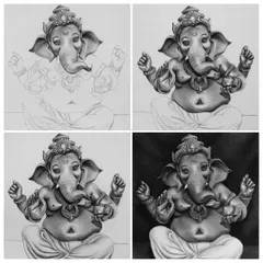 This four-panel image shows the progression of a Ganesha drawing by @the_artwarrior. It breaks down the process from the initial line sketch to the fully shaded and detailed final piece, taking over 35 hours to complete.