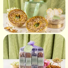 A glimpse into my wedding hamper collection. The top image shows my Ghevar in elegant brass tins, while the bottom showcases a hamper filled with assorted savoury snacks, offering something for every taste.