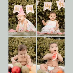 This collage celebrates a half-birthday milestone with an outdoor fruit-smash session. It showcases different moments from the shoot, from posing with a party hat to happily munching on a slice of watermelon.