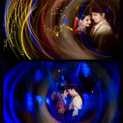 A creative portrait using light painting to swirl colors around the couple, creating a magical and energetic feel for their reception.