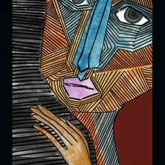 An abstract digital portrait titled "Self Hug," using geometric lines and a muted color palette to convey a sense of introspection and self-compassion.
