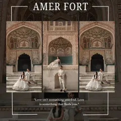A collage of photos from Amer Fort, showcasing different angles and poses against the stunning backdrop of the palace's detailed archways and courtyards.