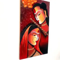 Another angle of the contemporary Radha Krishna canvas art, highlighting the clean lines and bold color blocking that define this style.