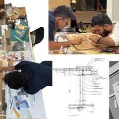 Our process involves a constant dialogue between drawing and making. This collage shows sketches, detailed construction drawings, and the hands-on work of building physical models, all of which are essential to our design development.