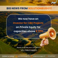 We don't just consult; we connect you with capital. This graphic announces our partnership with an investor for private equity in Compressed Bio-Gas (CBG) projects, demonstrating our ability to secure funding for ventures with capacities above 5 tons per day (TPD).