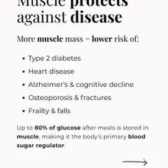 Having more muscle mass lowers your risk of chronic diseases like Type 2 diabetes, heart disease, and Alzheimer's.
