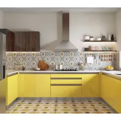 A U-shaped kitchen that makes a statement with cheerful yellow cabinets and a patterned tile backsplash. This layout provides an efficient work triangle and plenty of counter space, perfect for busy home cooks.