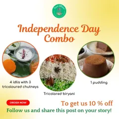 Our Independence Day combo features a tricolored meal with 4 idlis and 3 chutneys, tricolored biryani, and a pudding. It's a festive and patriotic meal to share with your family.