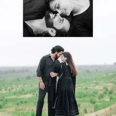 A creative collage combining an intimate black and white portrait with a full-length color shot, telling a more complete story of the couple's connection in the sand dunes.