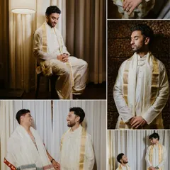 A series of portraits of the groom in a traditional South Indian white and gold outfit, capturing his calm and composed moments before the wedding.