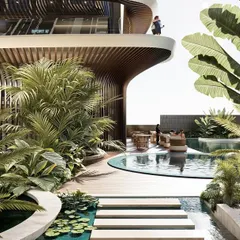 A render of a multi-level clubhouse in Mumbai, where parametric design meets biophilic landscape. The structure is seamlessly integrated with lush greenery and water features.
