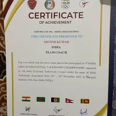 My certificate of achievement for being the Indian Team Coach at the 5th India Open International Taekwondo Championship.