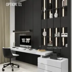 A study unit design presented in a bold, black-and-white color scheme, offering a modern and high-contrast option for a home office.