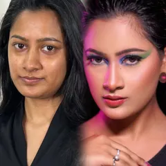 A bold, creative editorial look. This before-and-after shows the power of makeup to transform, using graphic liner and color to create a high-fashion statement.