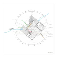 A climate analysis for The Ridgeway Escape, overlaying the floor plan on a sun and wind chart. This process informs the orientation of the building, the placement of windows for views, and openings for cross-ventilation.
