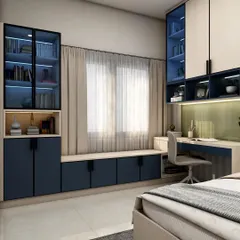 This view highlights the ample storage solutions in the kids' room, including a window seat with drawers and a tall bookshelf with glass doors. The integrated design makes the most of the available space.