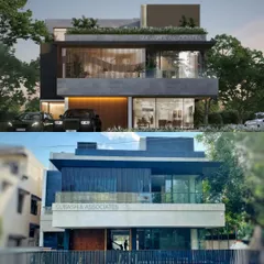 From vision to reality. This image compares the initial 3D render of a residence with the final photograph of the completed building, showing the accuracy of our design process.