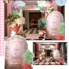 The entrance to a lovely Peter Rabbit themed baby shower. The soft pastel colors and charming illustrations create a warm and welcoming atmosphere for the mom to be.