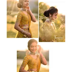A collage of a bride during her pre-wedding shoot, glowing in the golden hour sun. The makeup is soft, minimal, and absolutely radiant.