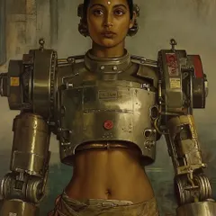 A female Yuntryodhā, showcasing the powerful and diverse inhabitants of the worlds I build. Her design combines traditional attire with heavy mechanical prosthetics, telling a story of strength and sacrifice.