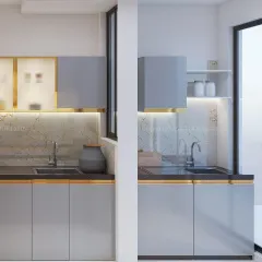 A closer look at our grey and gold kitchen, showing how the design wraps around a corner to create a separate wet area. This maintains a seamless aesthetic while providing practical separation.