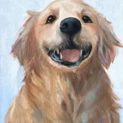 This heartwarming portrait of a golden retriever was painted by a student in our oil painting course. The brushwork perfectly captures the dog's joyful expression.