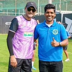 Our Head Coach, Siddhesh Tambekar, pictured with NorthEast United FC's Senior Team Coach, Naushad Moosa. This highlights our commitment to continuous learning and coach development through our professional partnerships.