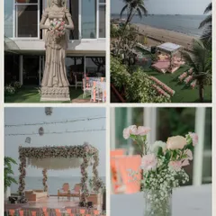 A collage showcasing the beautiful beachside wedding decor, with a stunning mandap overlooking the sea.