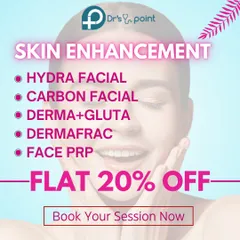A promotional graphic for our skin enhancement services like Hydra Facial, Carbon Facial, and Face PRP, with a special 20% discount offer.