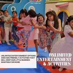 The sound of laughter is our favorite part of any party. Here, kids are engaged in a friendly game of tug-of-war, one of the many interactive entertainment options we provide to keep the energy high and ensure everyone is having a fantastic time.